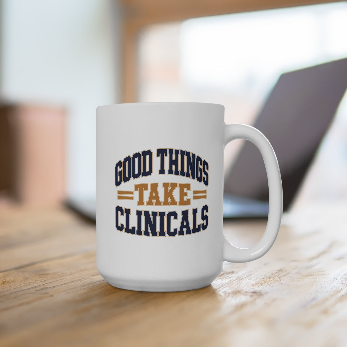 Good Things Take Clinicals Mug, Collegiate Navy, 15 oz, second styled supplier scene with centred artwork