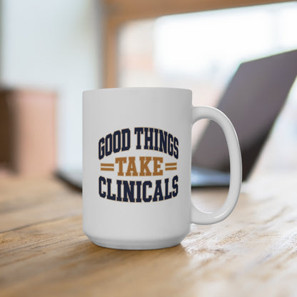 Good Things Take Clinicals Mug, Collegiate Navy, 15 oz, second styled supplier scene with centred artwork