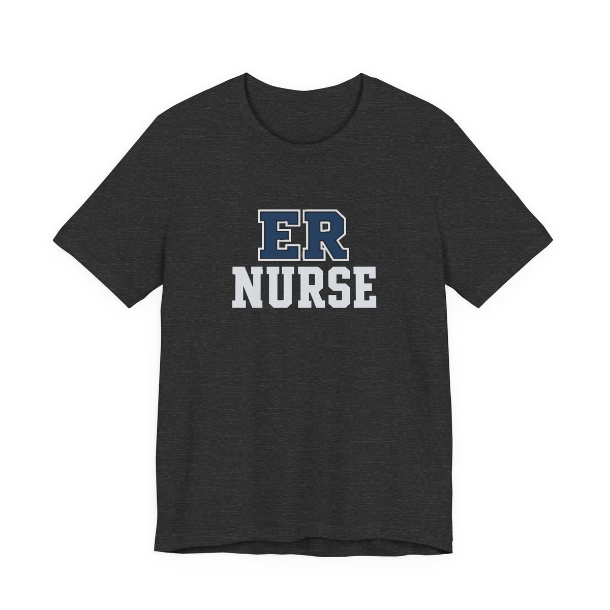 Front view of a Dark Grey Heather Nursify ER  Nurse short sleeve shirt, showing the centred chest lettering.