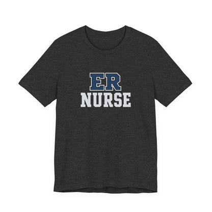 Front view of a Dark Grey Heather Nursify ER  Nurse short sleeve shirt, showing the centred chest lettering.