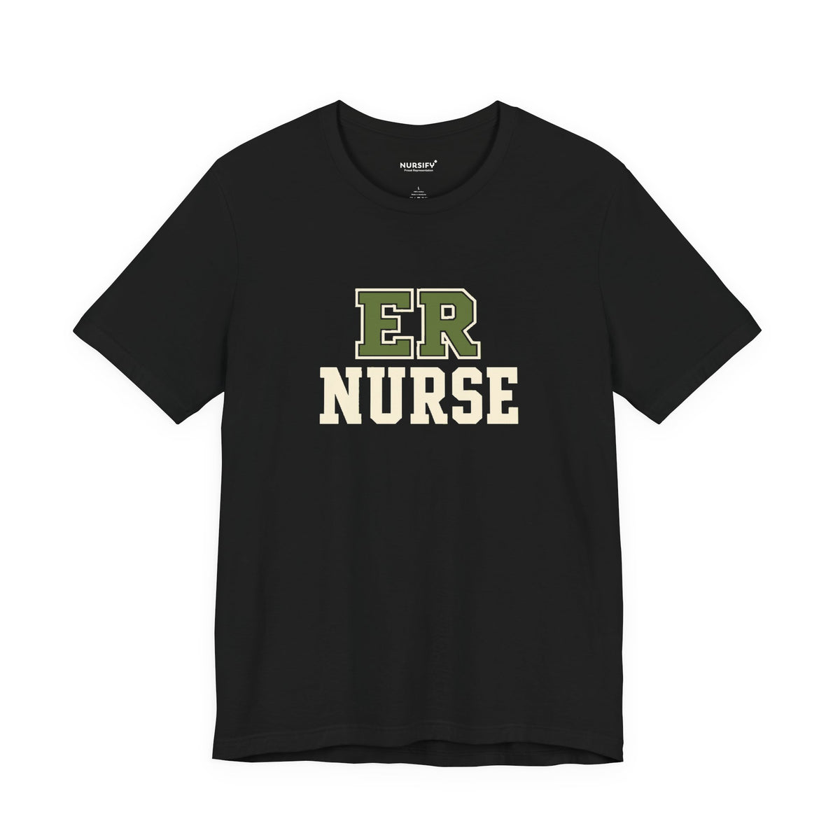 Front view of a Black Nursify ER  Nurse short sleeve shirt, showing the centred chest lettering.