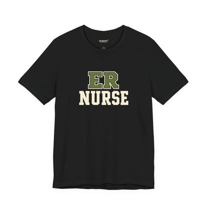 Front view of a Black Nursify ER  Nurse short sleeve shirt, showing the centred chest lettering.