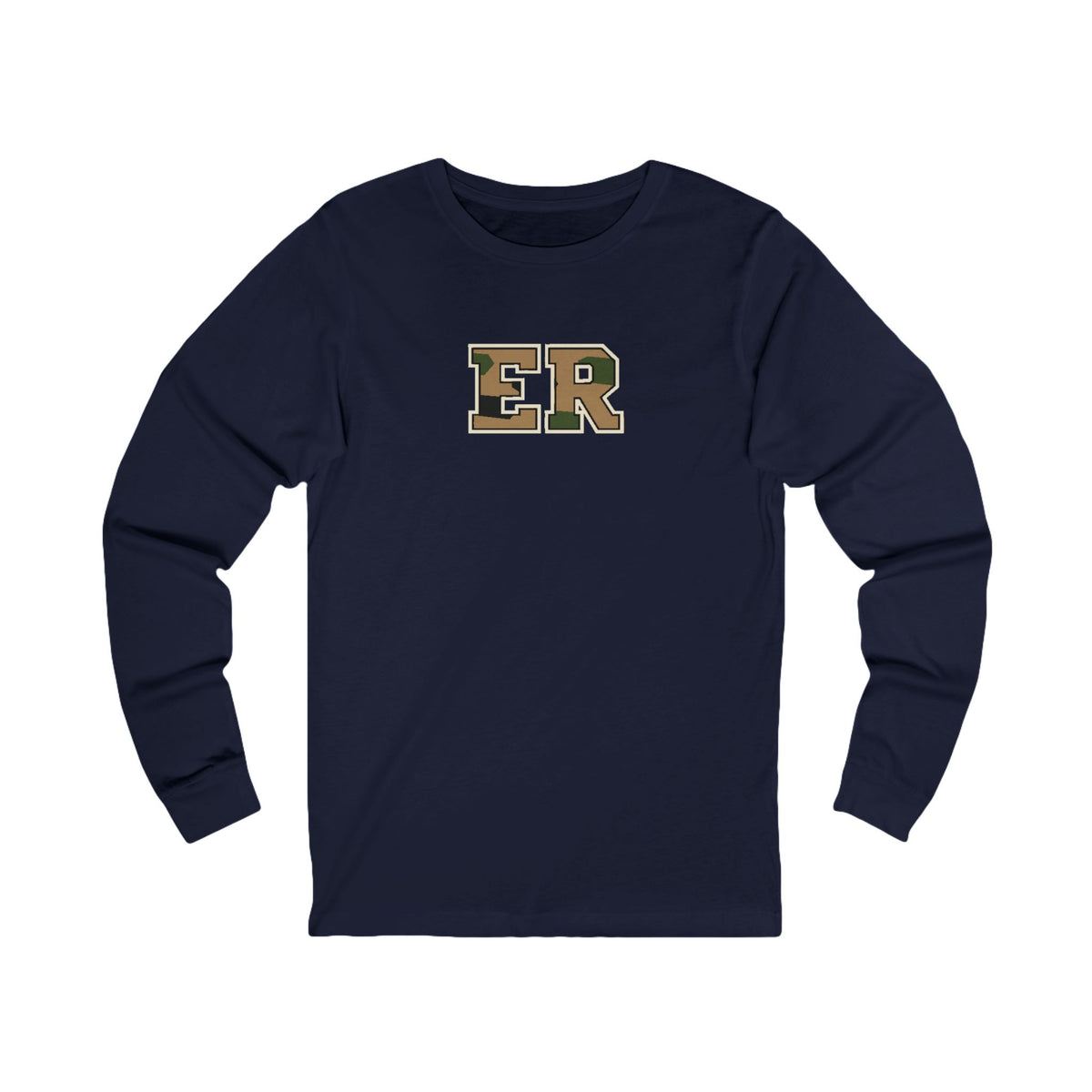 Front view of a Navy Nursify ER  Camo long sleeve shirt, showing the centred chest lettering.