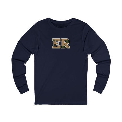 Front view of a Navy Nursify ER  Camo long sleeve shirt, showing the centred chest lettering.
