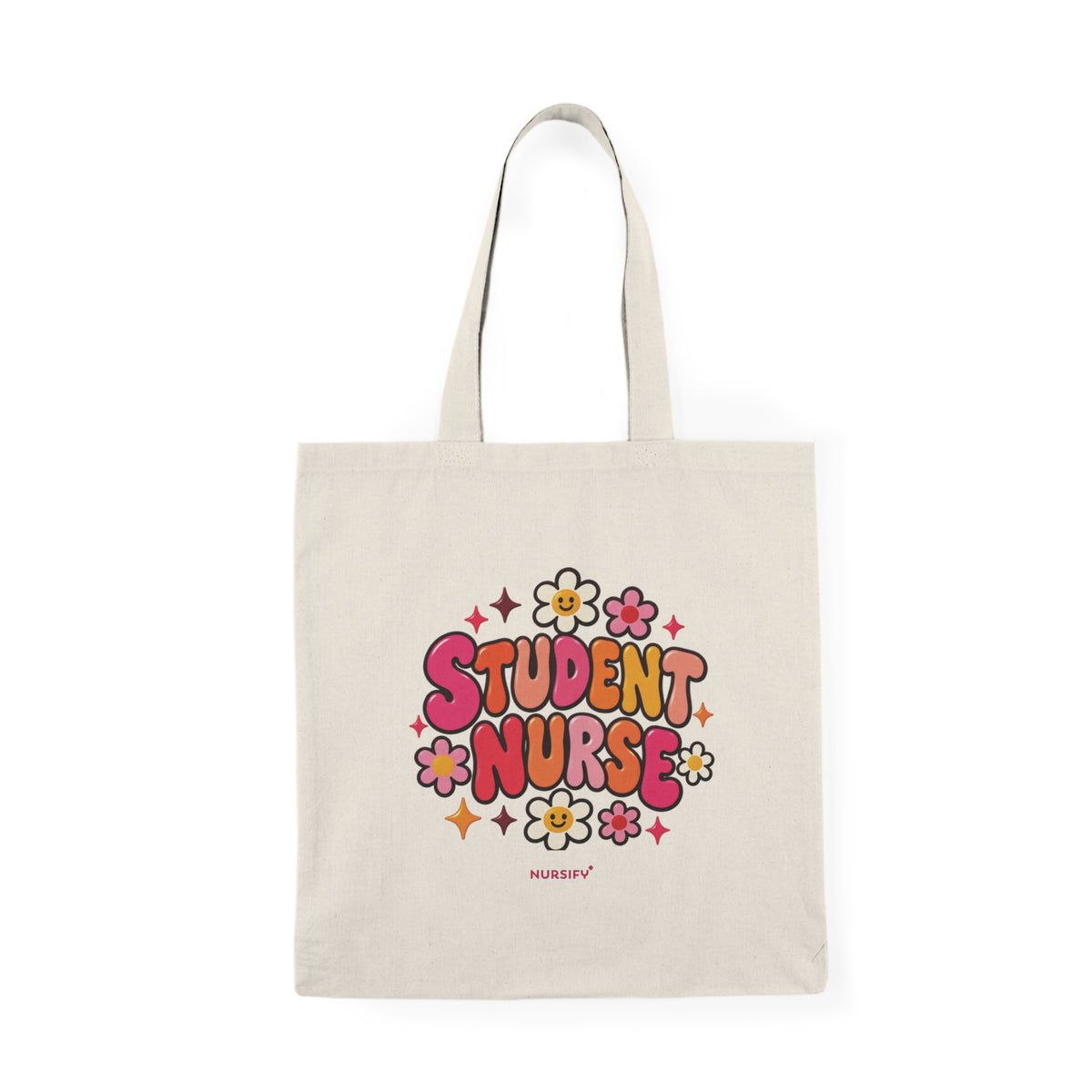 Printify front view of the matching Student Nurse floral natural canvas tote
