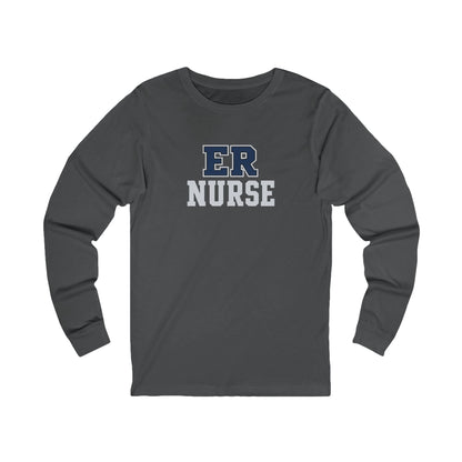 Front view of a Asphalt Nursify ER  Nurse long sleeve shirt, showing the centred chest lettering.
