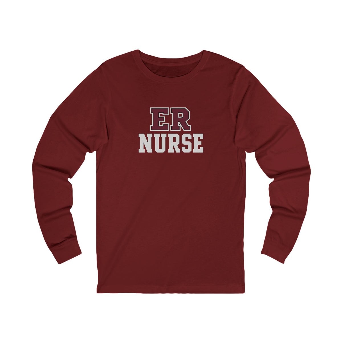 Front view of a Cardinal Nursify ER  Nurse long sleeve shirt, showing the centred chest lettering.