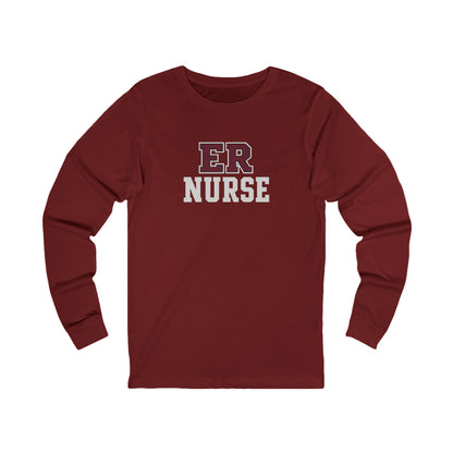 Front view of a Cardinal Nursify ER  Nurse long sleeve shirt, showing the centred chest lettering.
