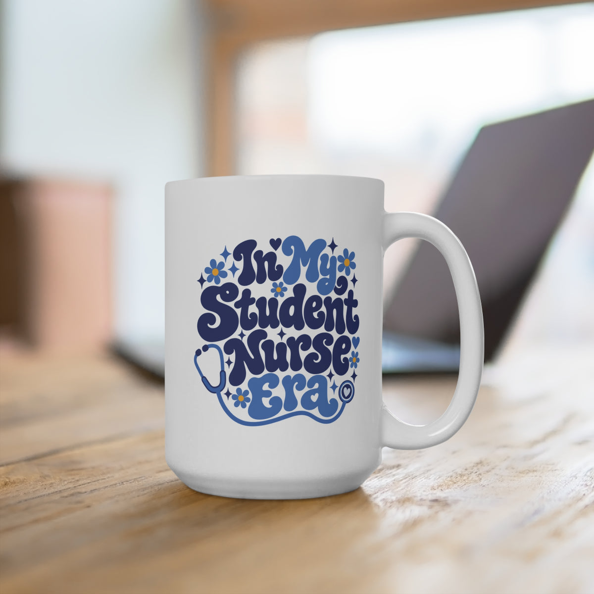 In My Student Nurse Era Mug, Blue Floral, 15 oz, second styled supplier scene with centred artwork