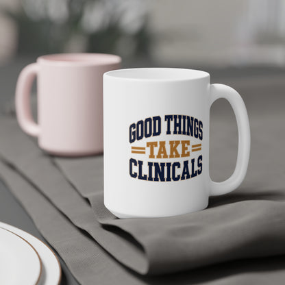Good Things Take Clinicals Mug, Collegiate Navy, 15 oz, styled supplier scene with centred artwork