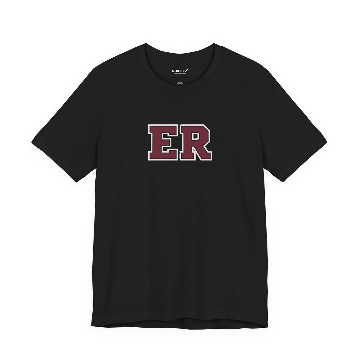 Front view of a Black Nursify ER  Burgundy short sleeve shirt, showing the centred chest lettering.