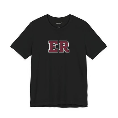 Front view of a Black Nursify ER  Burgundy short sleeve shirt, showing the centred chest lettering.