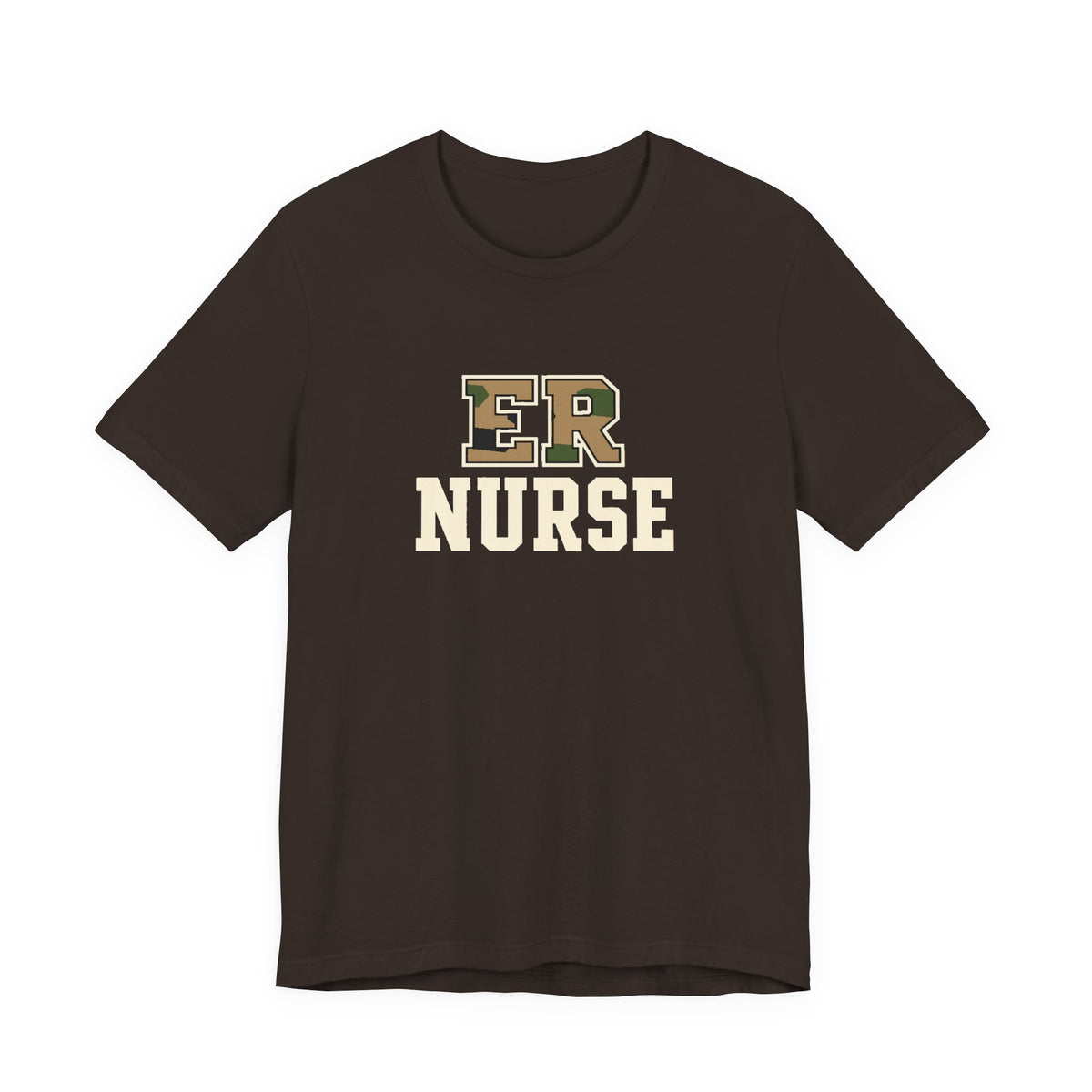 Front view of a Brown Nursify ER  Nurse short sleeve shirt, showing the centred chest lettering.