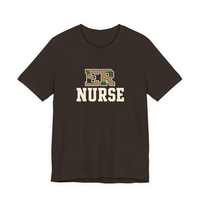 Front view of a Brown Nursify ER  Nurse short sleeve shirt, showing the centred chest lettering.