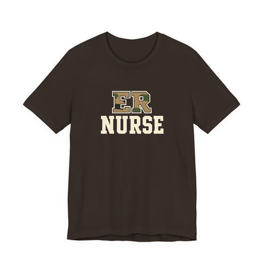 Front view of a Brown Nursify ER  Nurse short sleeve shirt, showing the centred chest lettering.