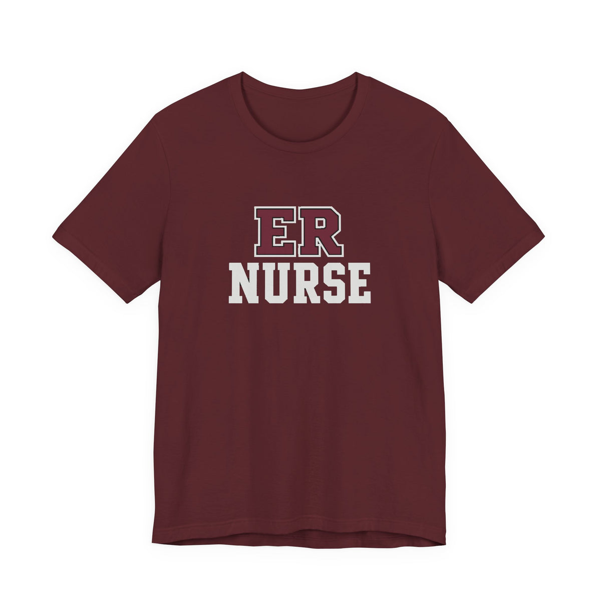 Front view of a Maroon Nursify ER  Nurse short sleeve shirt, showing the centred chest lettering.