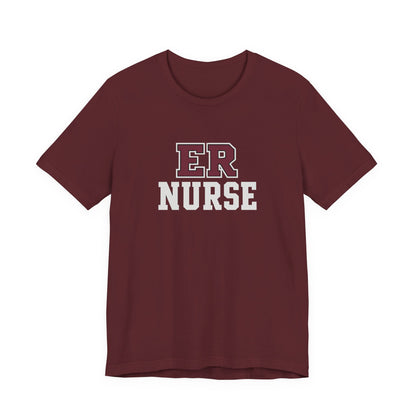 Front view of a Maroon Nursify ER  Nurse short sleeve shirt, showing the centred chest lettering.