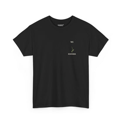 We Remember black Remembrance T-shirt with ivory lettering and a sage stem; space above the stem is for your own poppy pin.