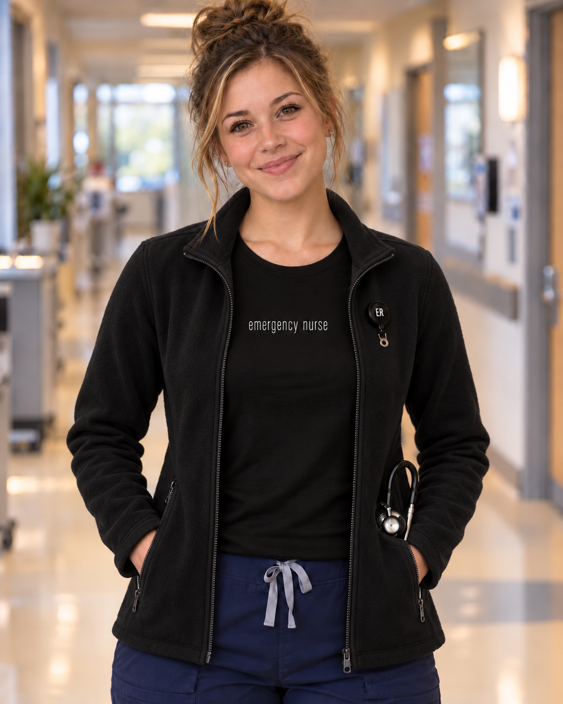 Young nurse wearing a black Emergency Nurse shirt with a fitted black nursing jacket, open to show the centred white lettering.