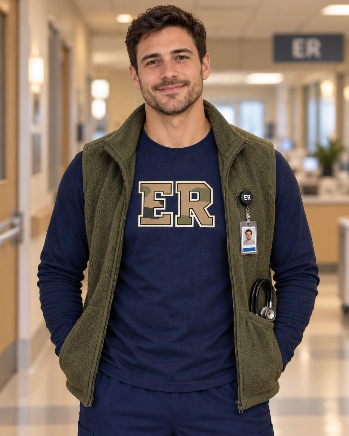 Male nurse wearing a navy Nursify ER Camo long sleeve shirt under an open olive vest, with centred camouflage and cream ER lettering.
