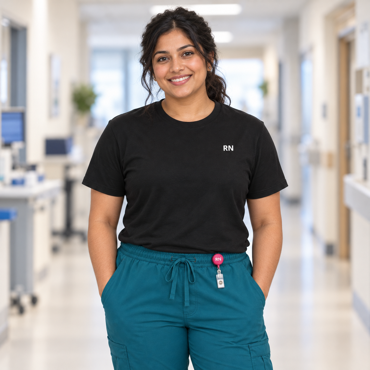 Man wearing a black RN nurse T-shirt with small white RN lettering high on the left chest and blue trousers.