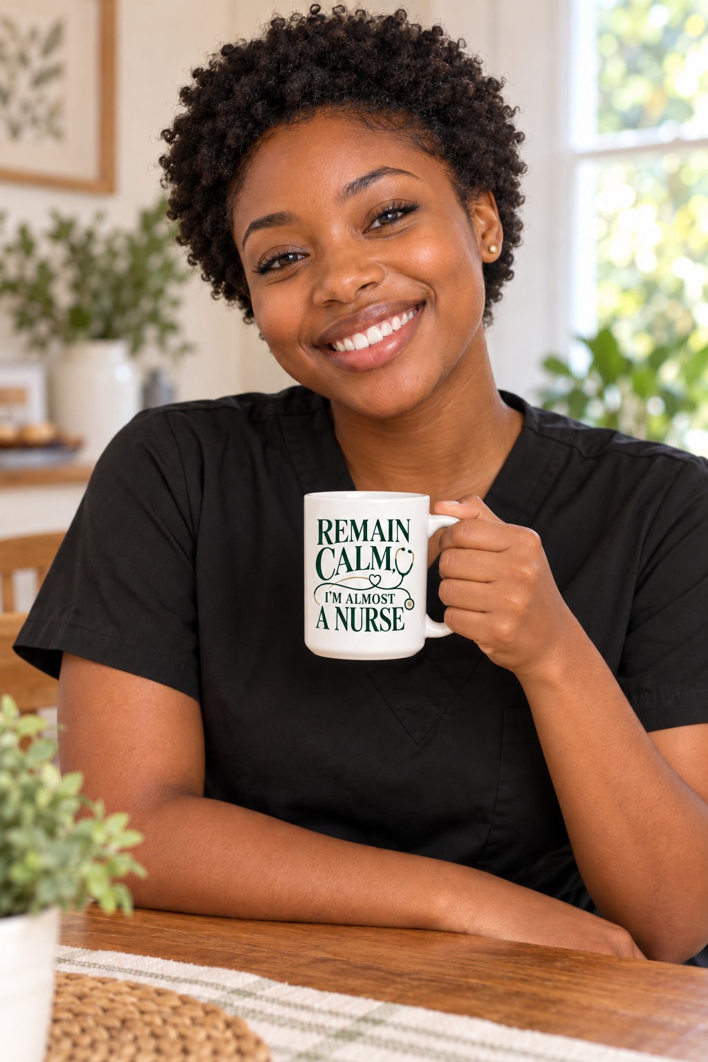 Remain Calm, I'm Almost a Nurse Mug, Forest Green, 15 oz, illustrative lifestyle mockup with a student wearing black