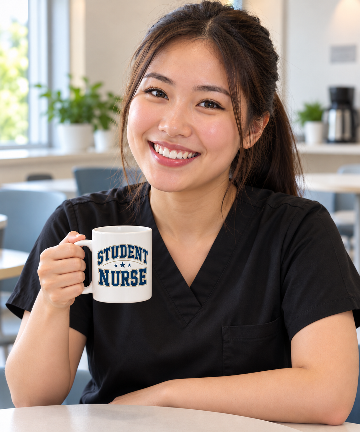 Student Nurse Mug, Collegiate Navy, 15 oz, illustrative lifestyle mockup with a student wearing black