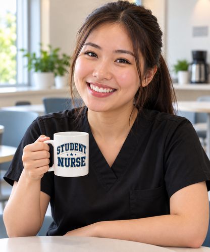 Student Nurse Mug, Collegiate Navy, 15 oz, illustrative lifestyle mockup with a student wearing black