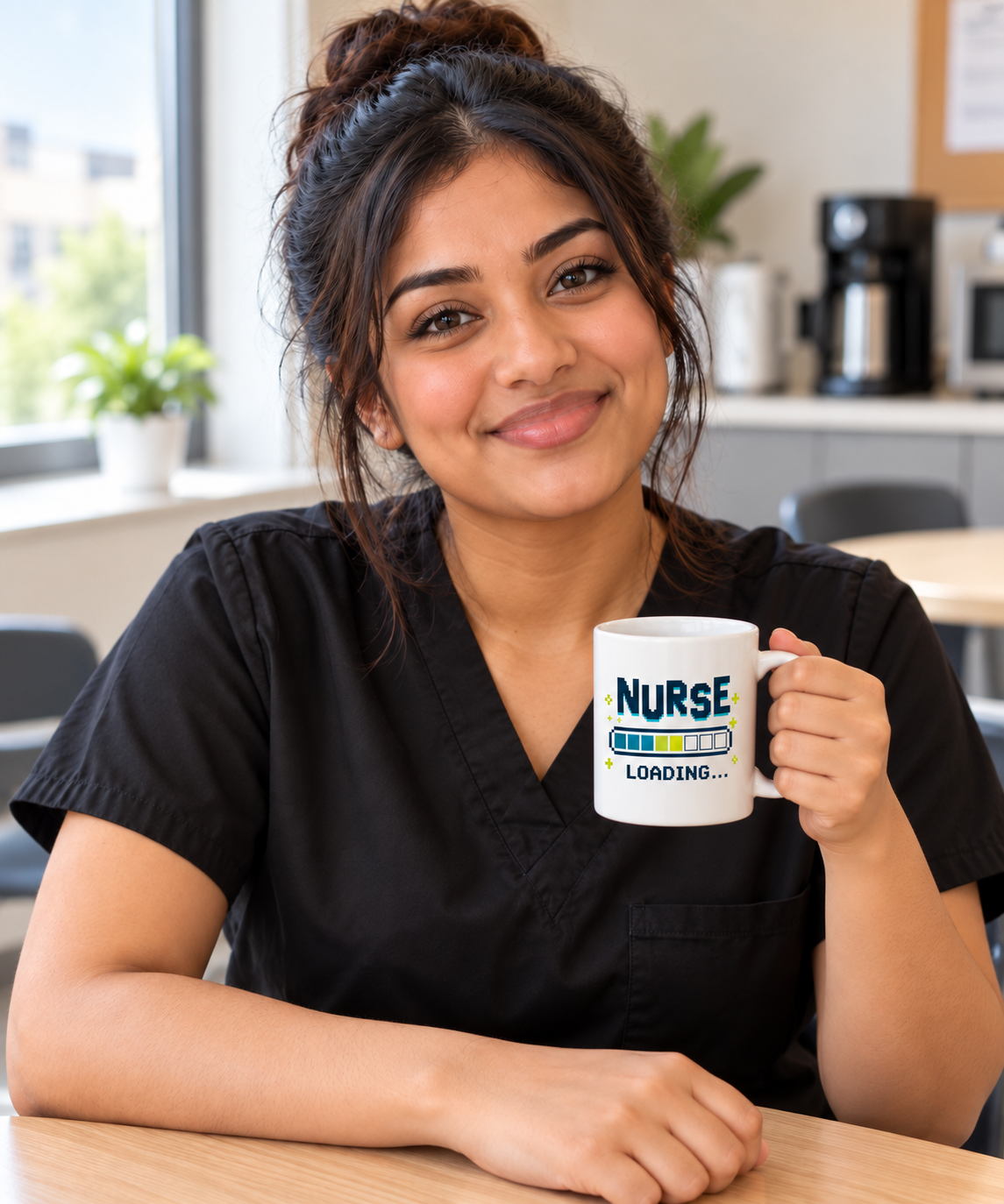 Nurse Loading Mug, Pixel Progress Bar, 15 oz, illustrative lifestyle mockup with a student wearing black