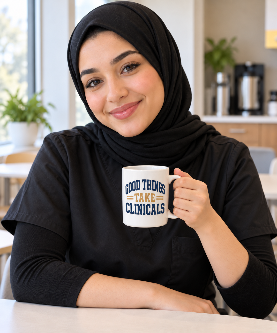 Good Things Take Clinicals Mug, Collegiate Navy, 15 oz, illustrative lifestyle mockup with a student wearing black