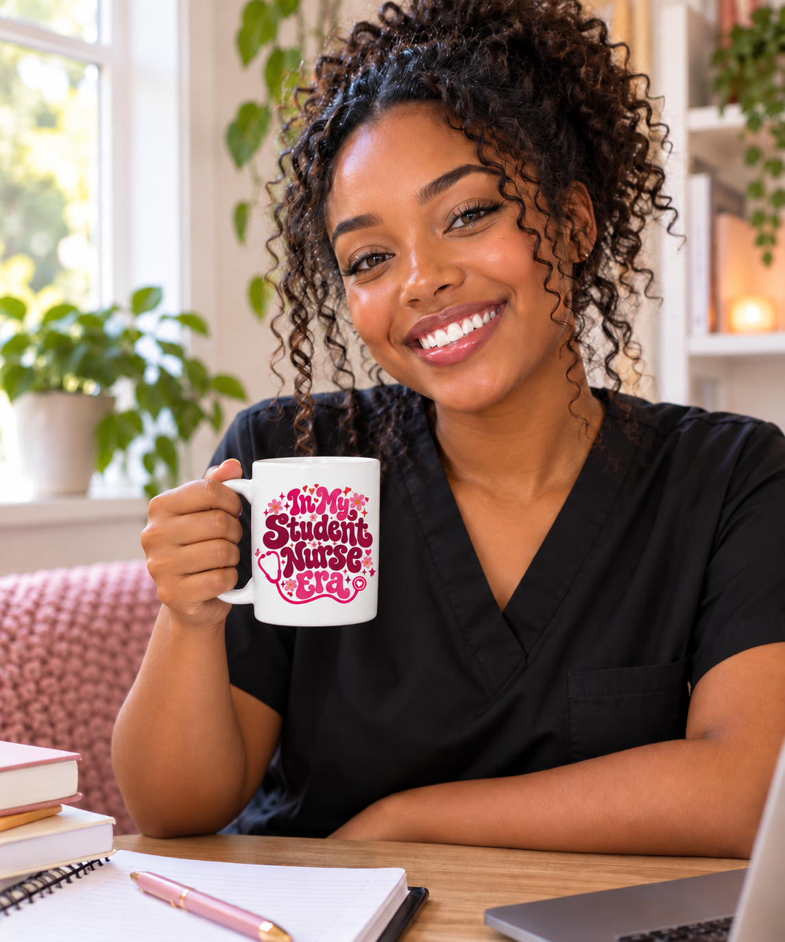 In My Student Nurse Era Mug, Pink Floral, 15 oz, illustrative lifestyle mockup with a student wearing black