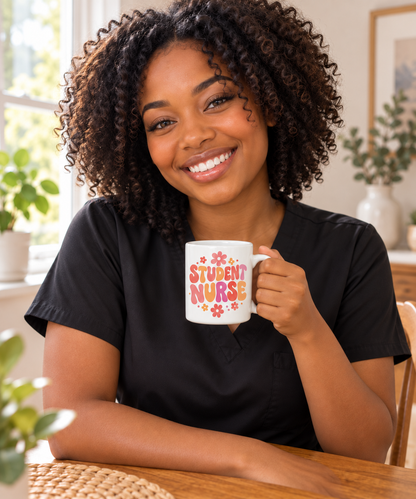 Student Nurse Mug, Coral Floral, 15 oz, illustrative lifestyle mockup with a student wearing black
