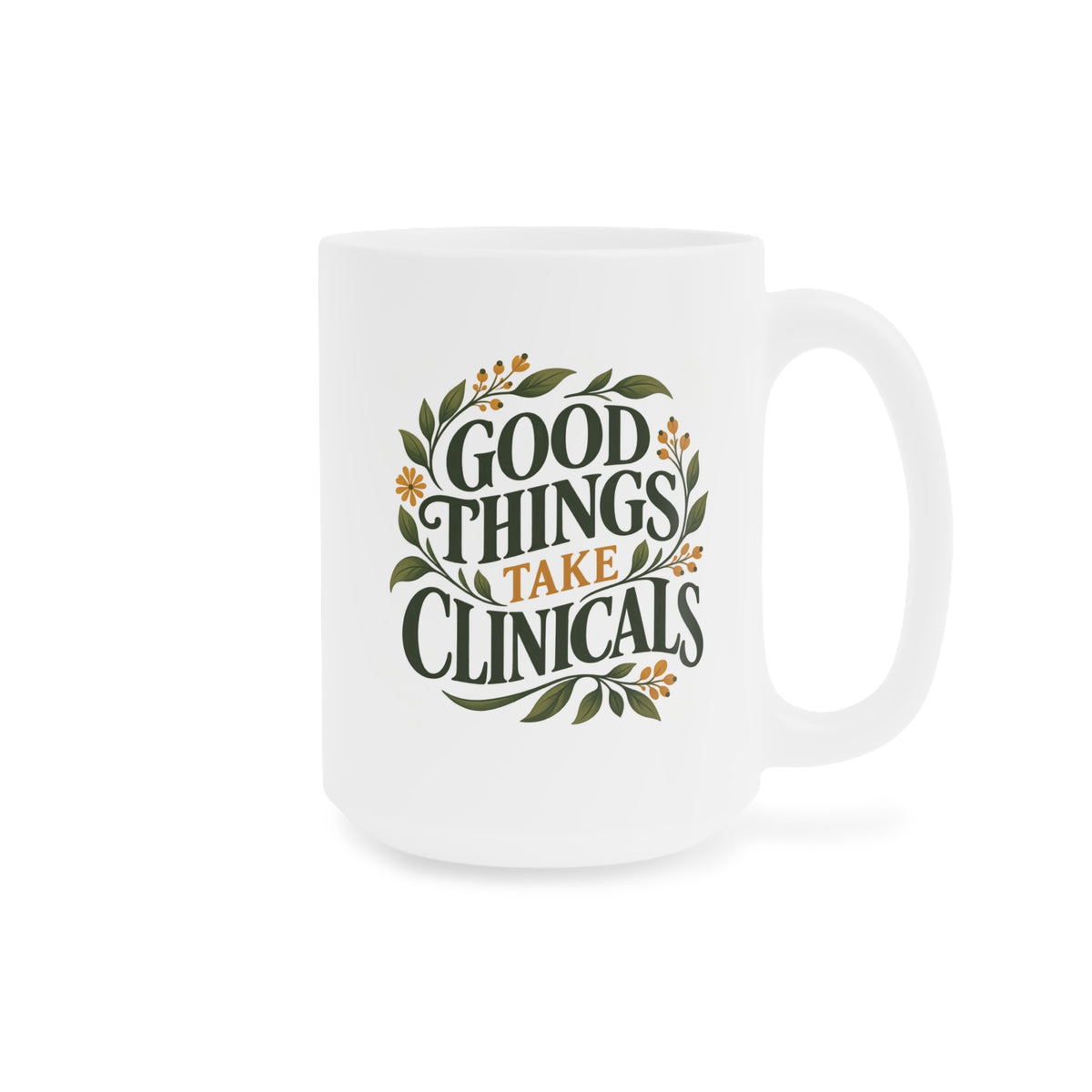 Good Things Take Clinicals Mug, Botanical Green, 15 oz, centred opposite supplier product angle