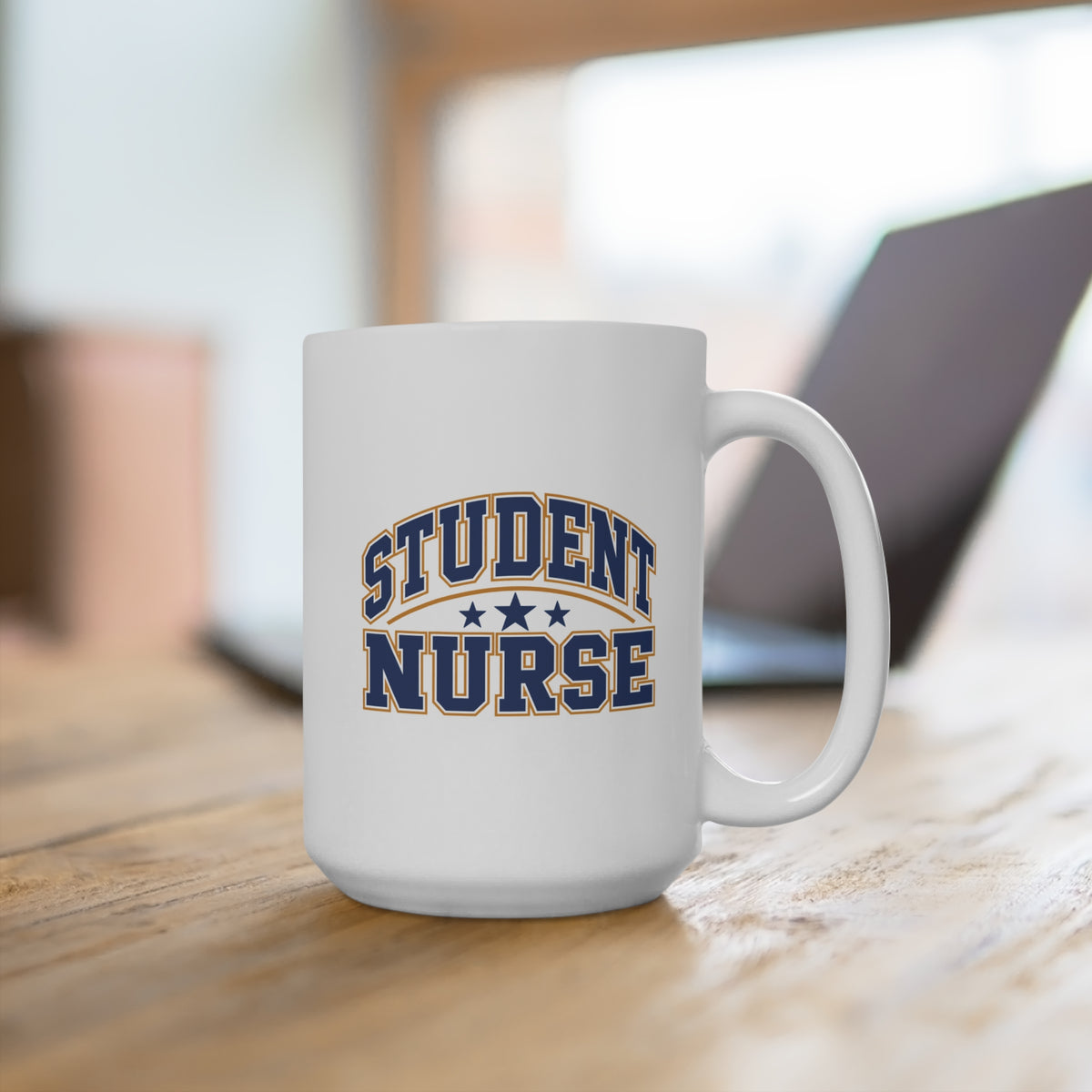 Student Nurse Mug, Collegiate Navy, 15 oz, second styled supplier scene with centred artwork