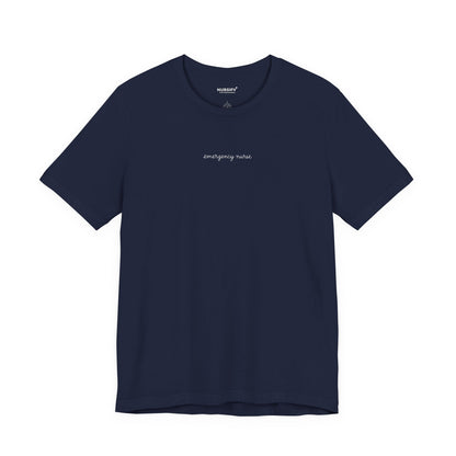 Front view of a Navy Nursify Emergency Nurse script short sleeve shirt, showing the centred chest lettering.