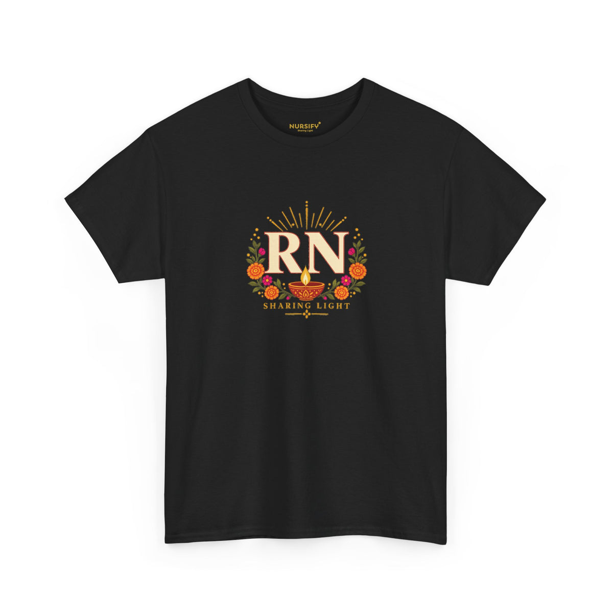 Black Nursify RN Diwali T shirt with ivory RN lettering, a diya lamp, orange and pink flowers, and Sharing Light text on the front.