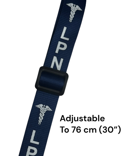 Navy blue strap with 'LPN' and caduceus symbol, adjustable to 76 cm (30").