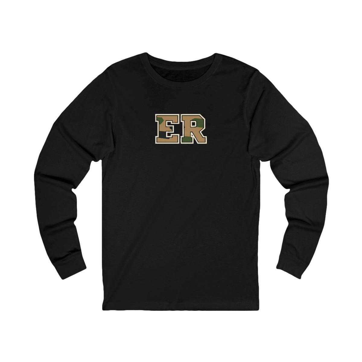 Front view of a Black Nursify ER  Camo long sleeve shirt, showing the centred chest lettering.