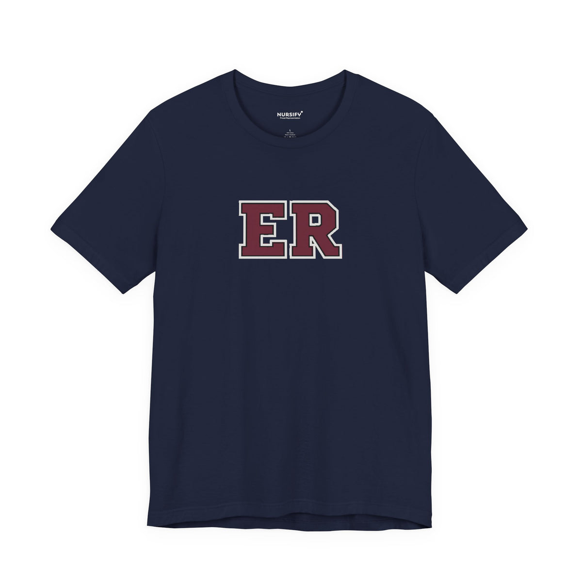 Front view of a Navy Nursify ER  Burgundy short sleeve shirt, showing the centred chest lettering.