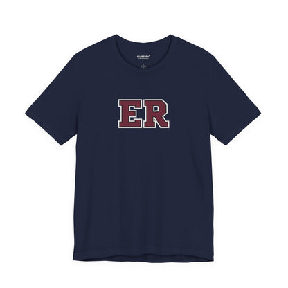 Front view of a Navy Nursify ER  Burgundy short sleeve shirt, showing the centred chest lettering.