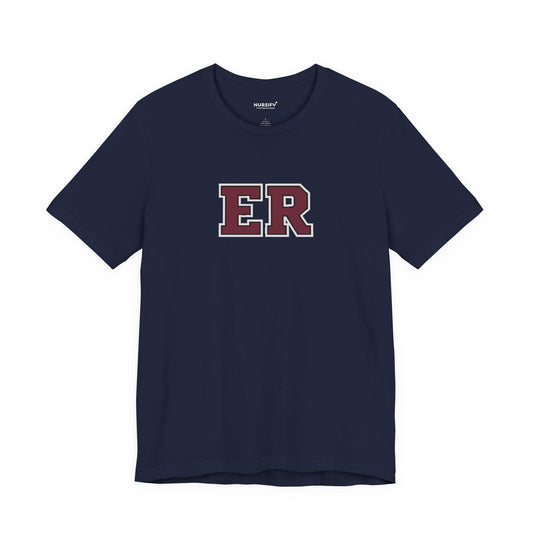 Front view of a Navy Nursify ER  Burgundy short sleeve shirt, showing the centred chest lettering.