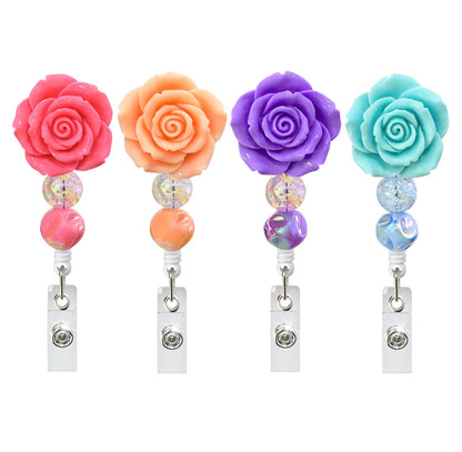 Floral Badge Reel for Nurses – Resin Rose ID Holder with Beaded Detail | Cute Nurse Badge Reel Gift