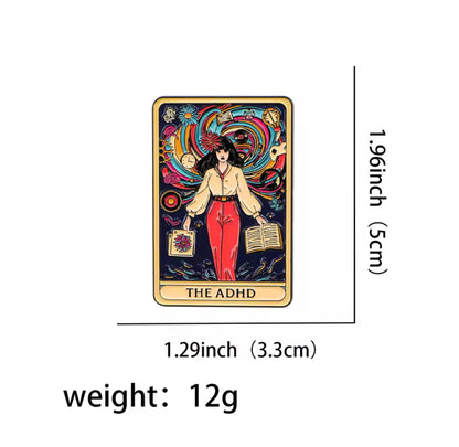 ADHD tarot enamel pin approximately 1.96 inches x 1.29 showing colorful neurodivergent mental health design. 