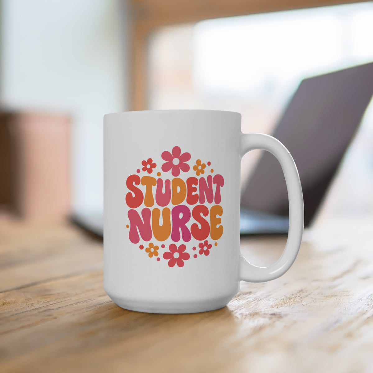Student Nurse Mug, Coral Floral, 15 oz, second styled supplier scene with centred artwork