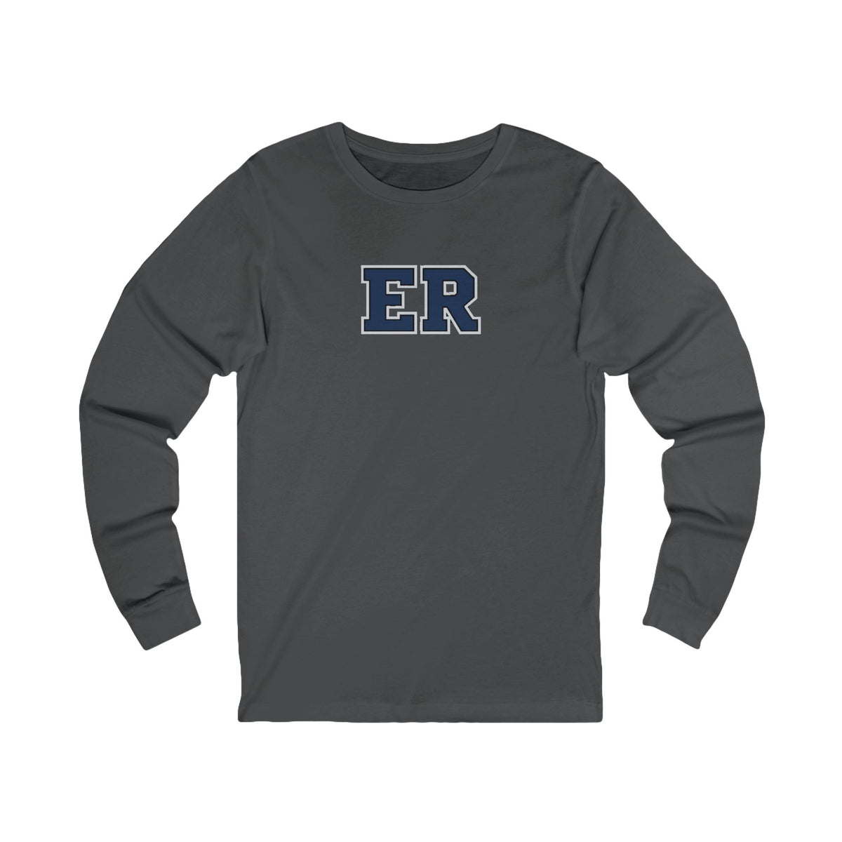 Front view of a Asphalt Nursify ER  Blue long sleeve shirt, showing the centred chest lettering.