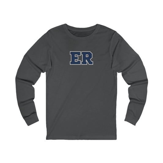 Front view of a Asphalt Nursify ER  Blue long sleeve shirt, showing the centred chest lettering.