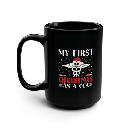 My First Christmas as a CCA Black Mug, Nurse Cap and Snowflakes