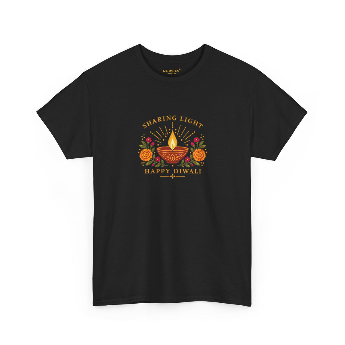 Black Nursify Happy Diwali T shirt with a diya lamp, orange and pink flowers, and gold Sharing Light lettering centred on the front.