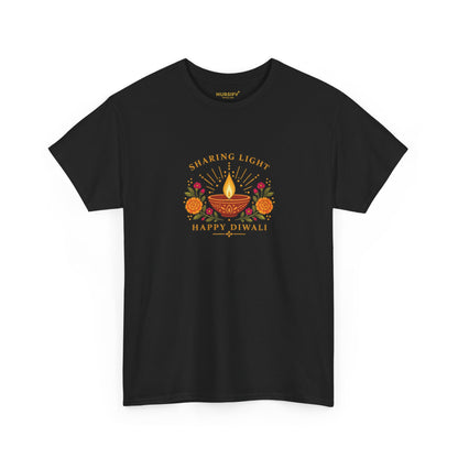 Black Nursify Happy Diwali T shirt with a diya lamp, orange and pink flowers, and gold Sharing Light lettering centred on the front.