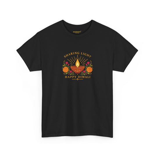 Black Nursify Happy Diwali T shirt with a diya lamp, orange and pink flowers, and gold Sharing Light lettering centred on the front.